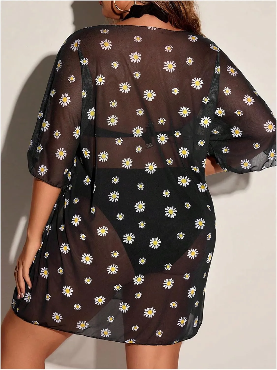 Floerns Women's Plus Size Short Sleeve T Shirts Galaxy Print Sheer Mesh Cover Up Tops