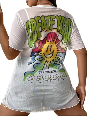 Floerns Women's Plus Size Short Sleeve T Shirts Galaxy Print Sheer Mesh Cover Up Tops