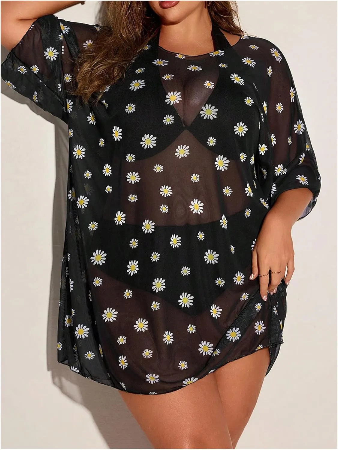 Floerns Women's Plus Size Short Sleeve T Shirts Galaxy Print Sheer Mesh Cover Up Tops