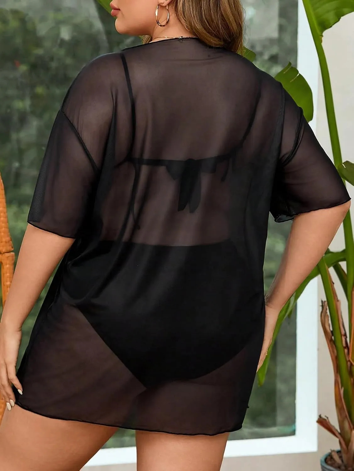 Floerns Women's Plus Size Short Sleeve T Shirts Galaxy Print Sheer Mesh Cover Up Tops