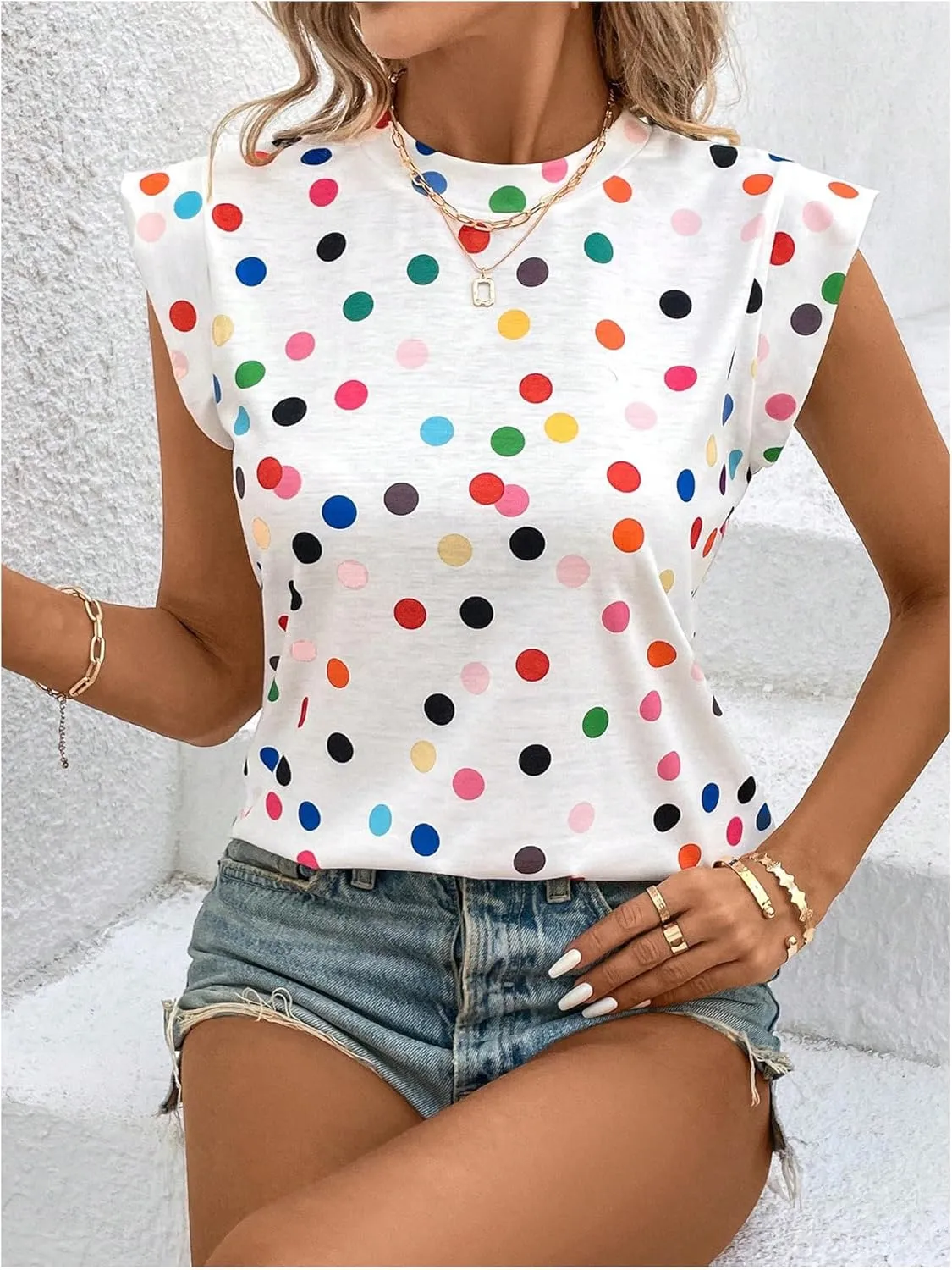 Floerns Women's Polka Dots Print Crew Neck T Shirts Cap Sleeve Summer Tee Shirt