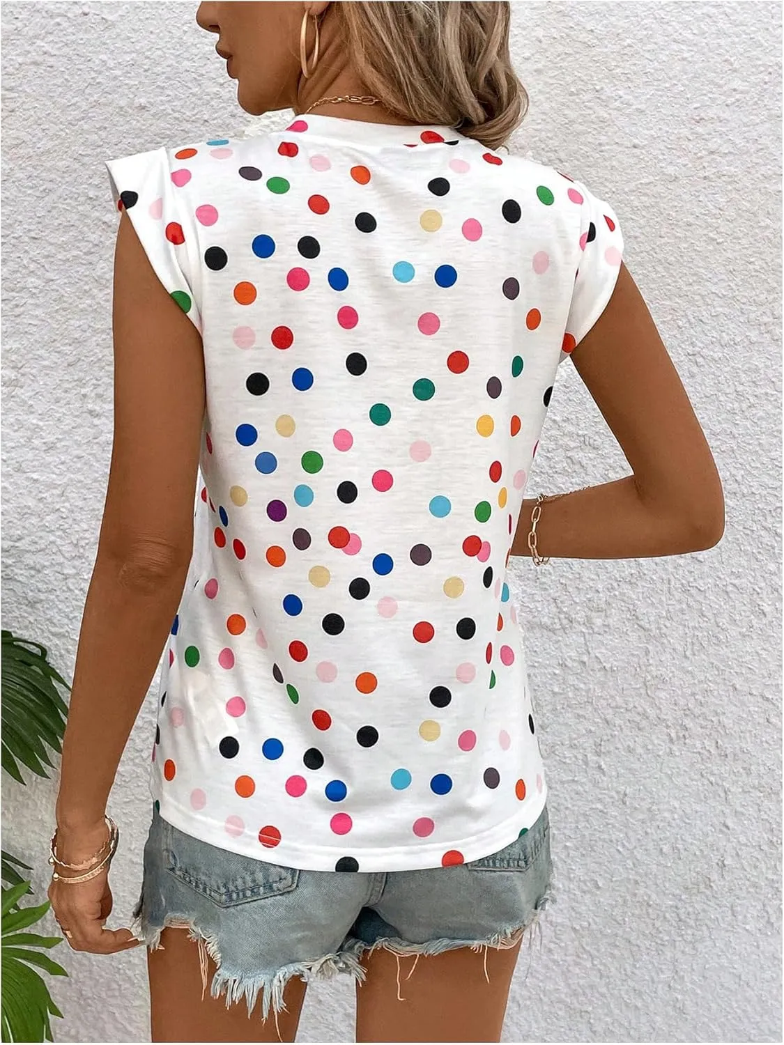 Floerns Women's Polka Dots Print Crew Neck T Shirts Cap Sleeve Summer Tee Shirt