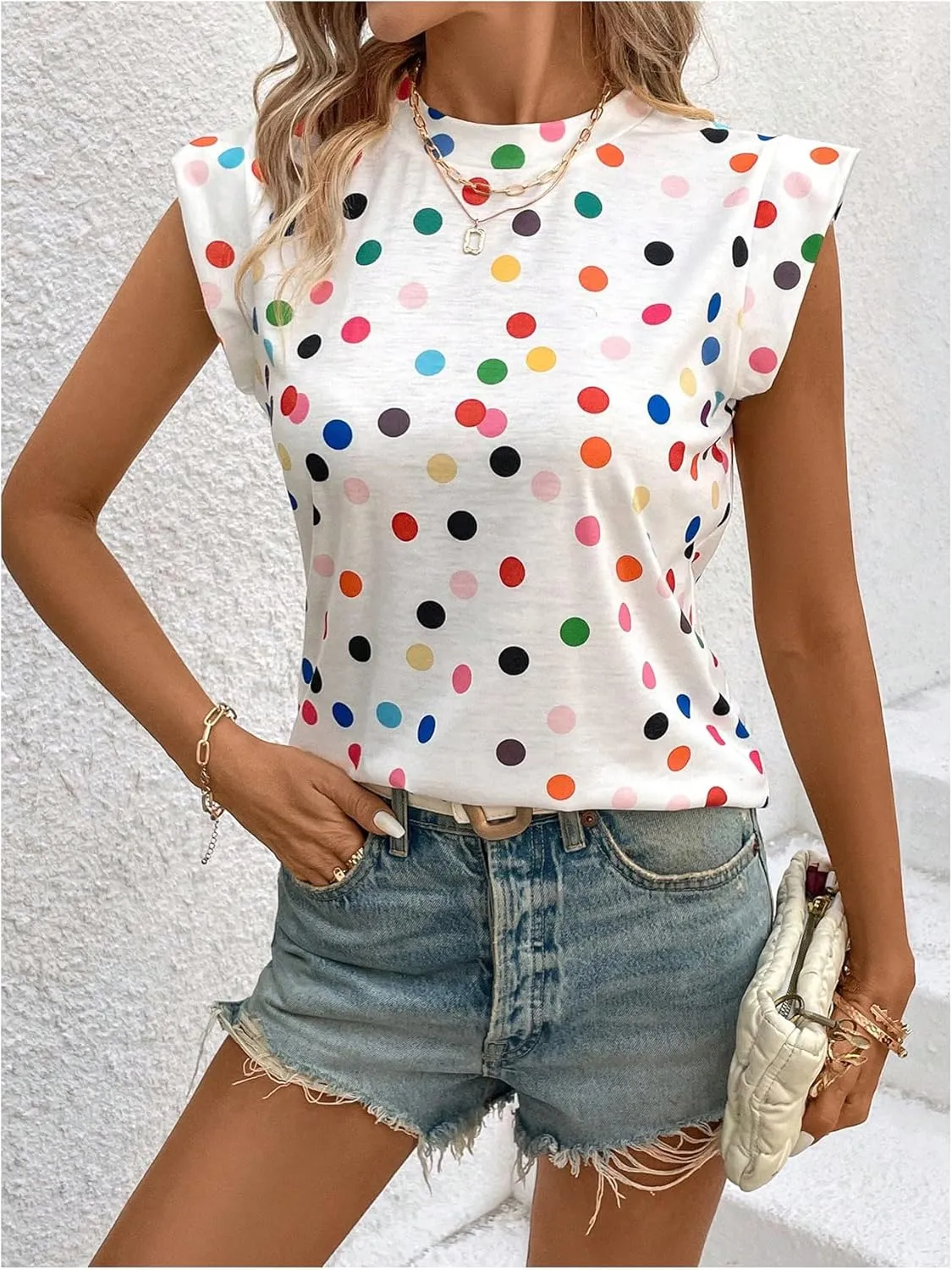 Floerns Women's Polka Dots Print Crew Neck T Shirts Cap Sleeve Summer Tee Shirt
