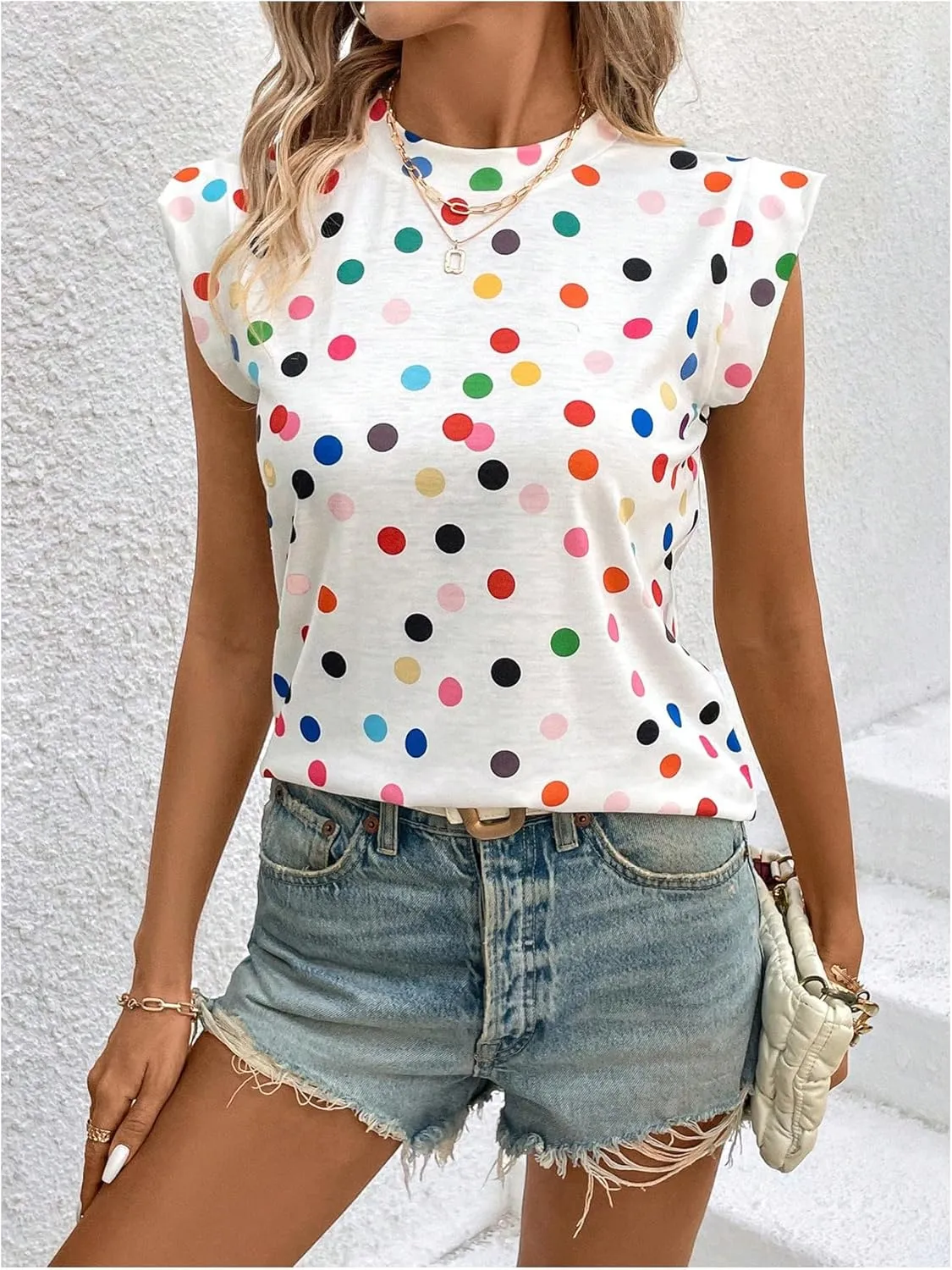 Floerns Women's Polka Dots Print Crew Neck T Shirts Cap Sleeve Summer Tee Shirt
