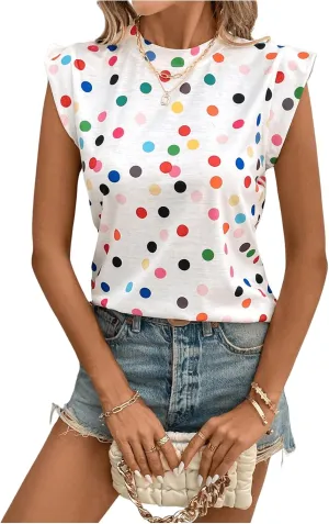 Floerns Women's Polka Dots Print Crew Neck T Shirts Cap Sleeve Summer Tee Shirt