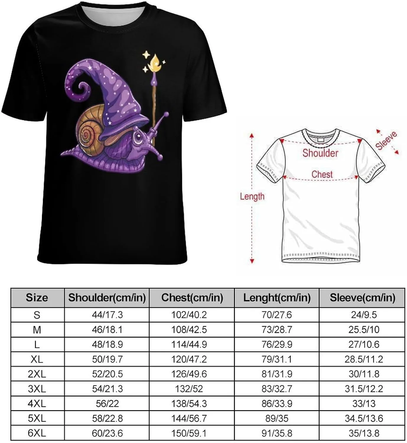 Funny Wizard Snail Men's T-Shirt Short Sleeve Crewneck Shirt Casual Workout Tee Top