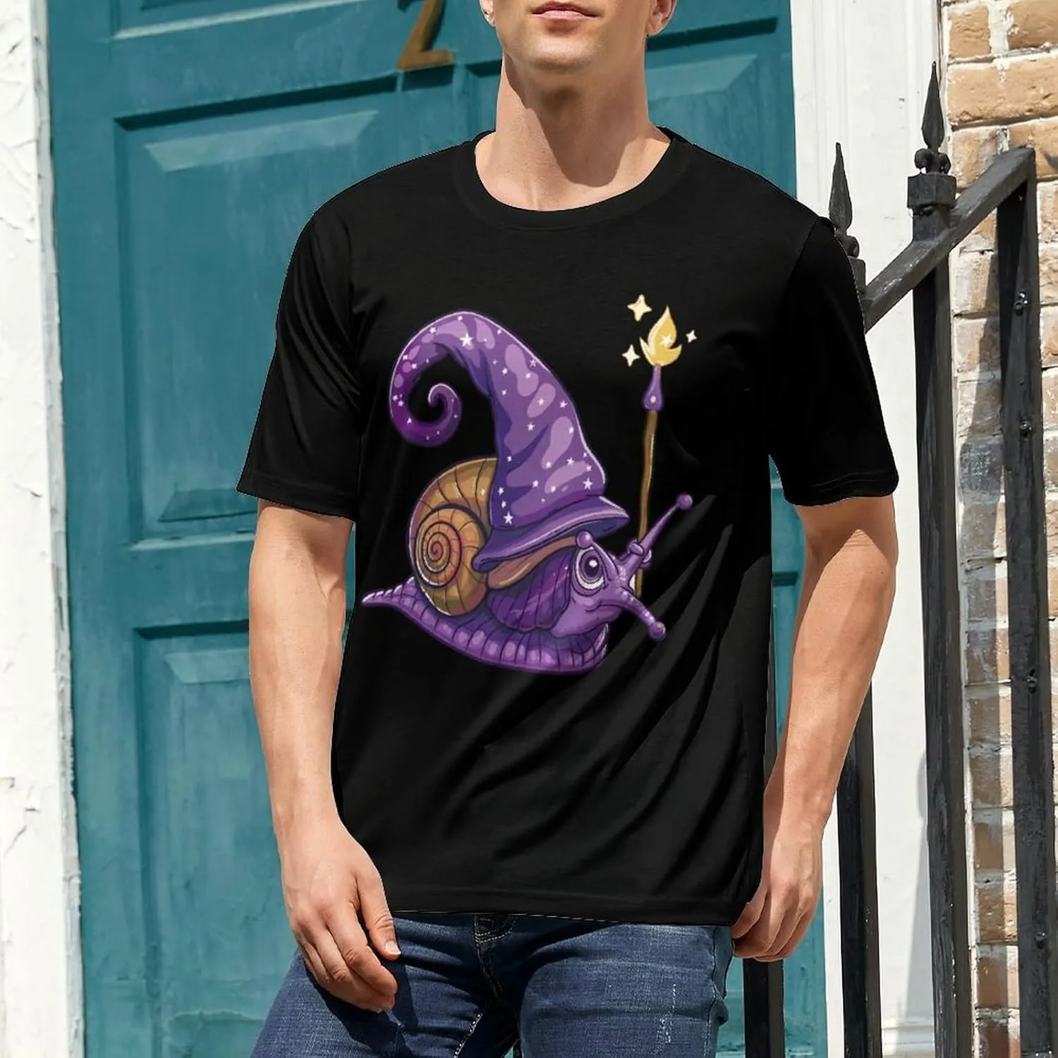 Funny Wizard Snail Men's T-Shirt Short Sleeve Crewneck Shirt Casual Workout Tee Top