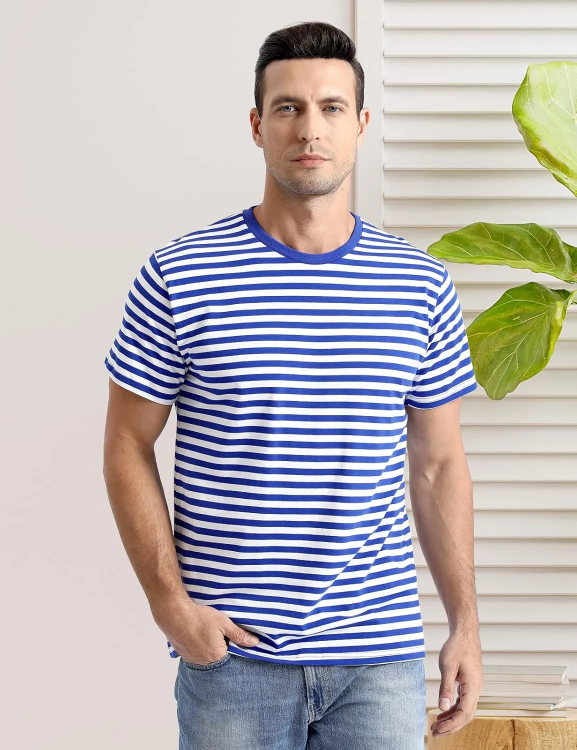 Funny World Men's Casual Cotton Striped T-Shirts Short Sleeve Crewneck Basic Tee