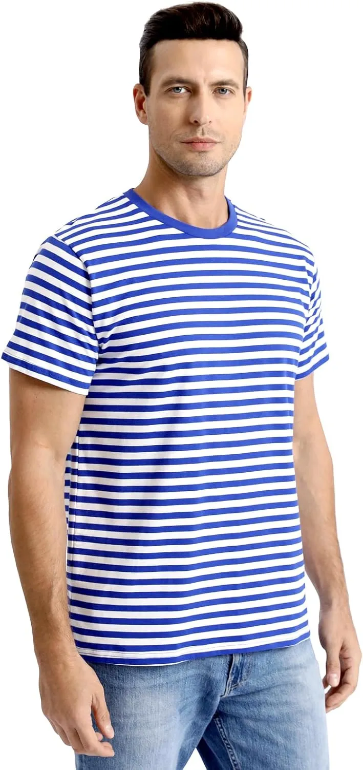 Funny World Men's Casual Cotton Striped T-Shirts Short Sleeve Crewneck Basic Tee