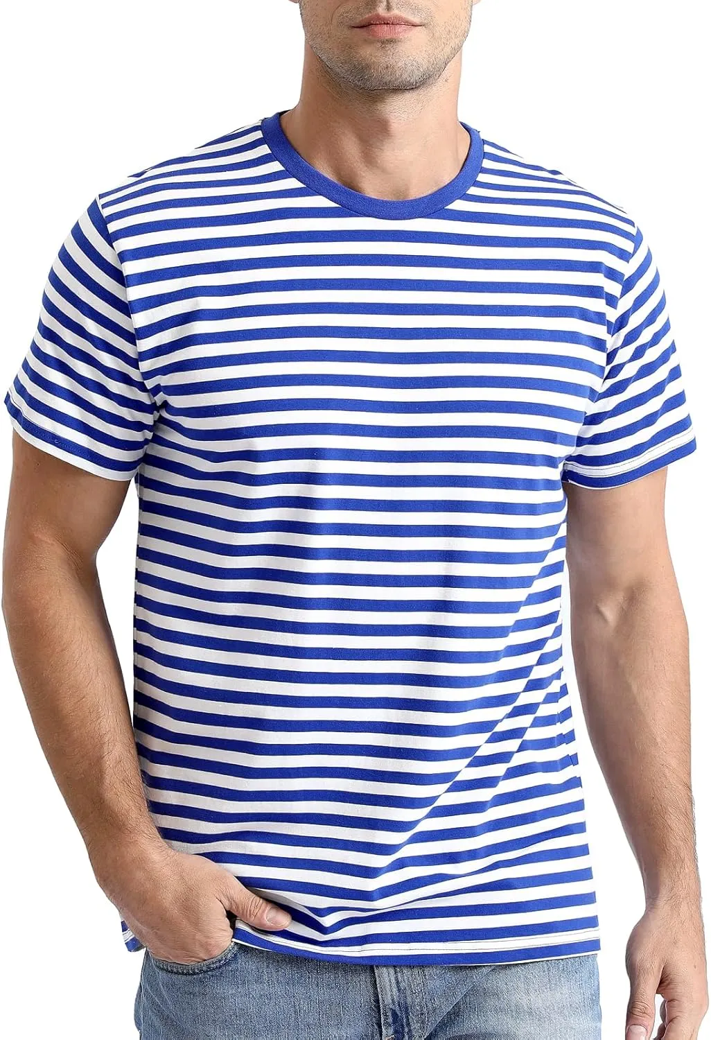 Funny World Men's Casual Cotton Striped T-Shirts Short Sleeve Crewneck Basic Tee
