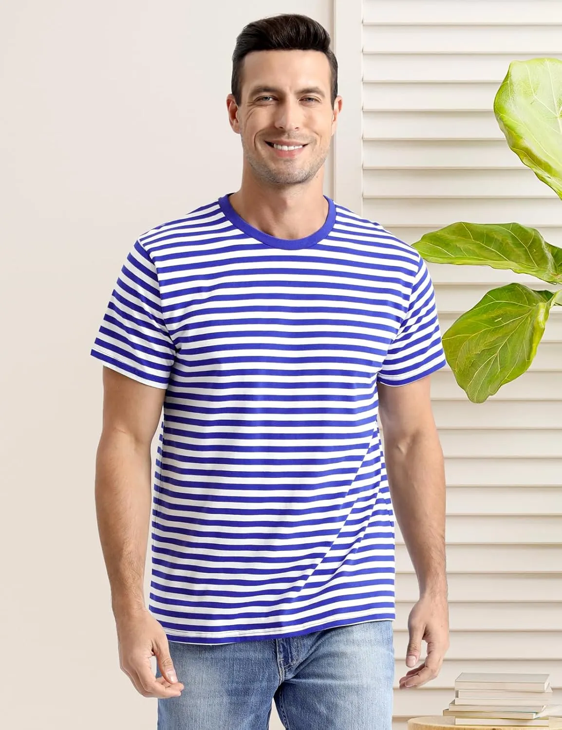 Funny World Men's Casual Cotton Striped T-Shirts Short Sleeve Crewneck Basic Tee
