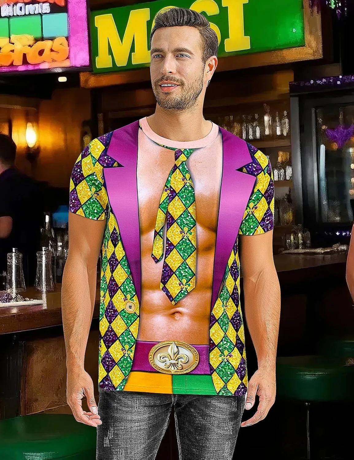 Funny World Muscle Fit T Shirts for Men 3D Novelty Fake Abs Printed T-Shirt
