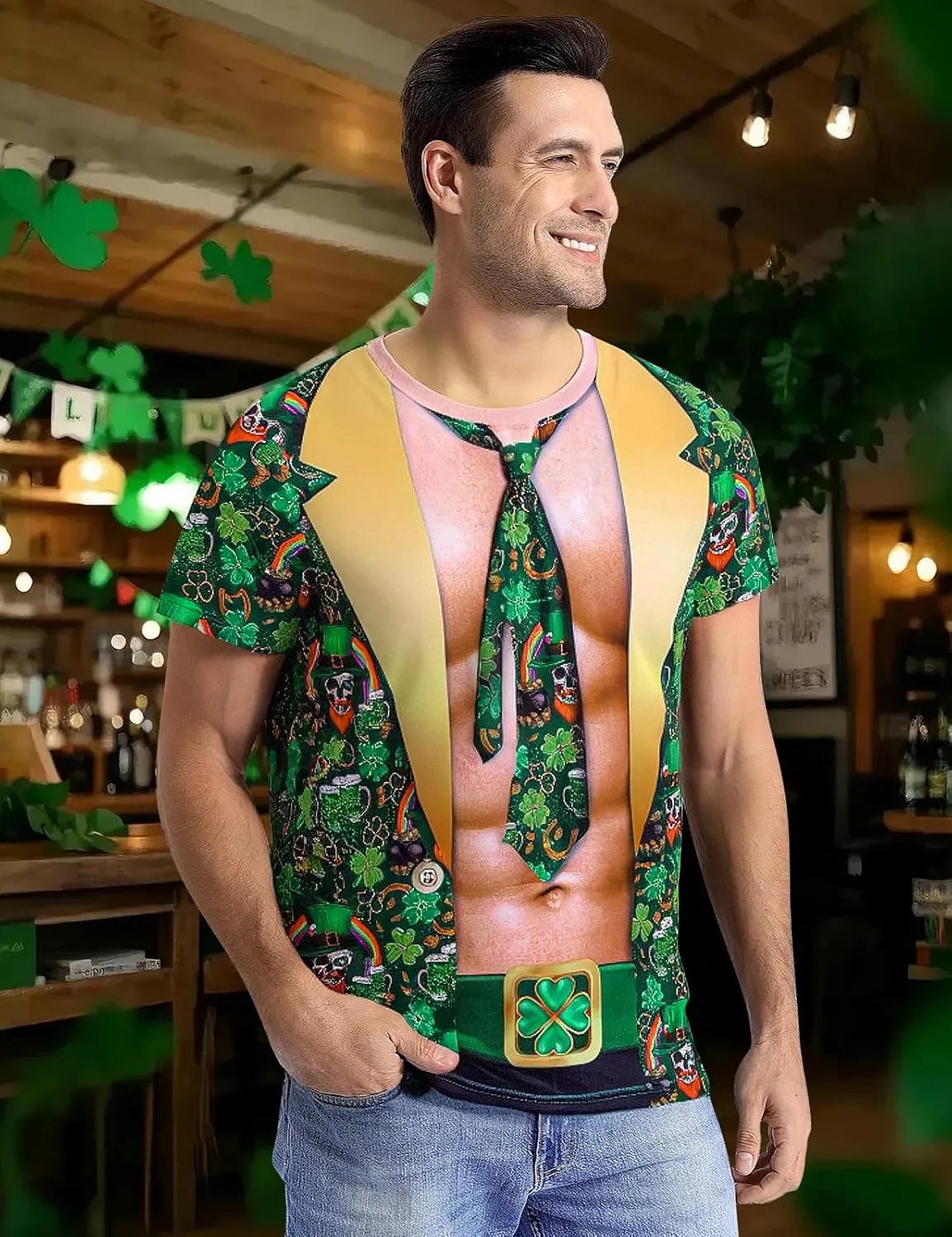 Funny World Muscle Fit T Shirts for Men 3D Novelty Fake Abs Printed T-Shirt