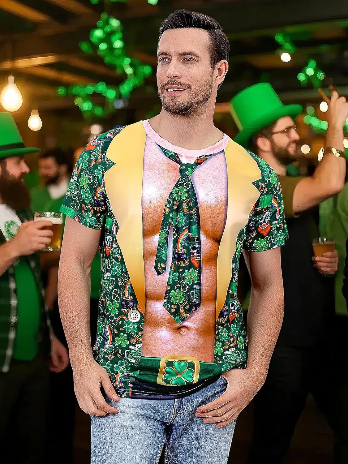 Funny World Muscle Fit T Shirts for Men 3D Novelty Fake Abs Printed T-Shirt