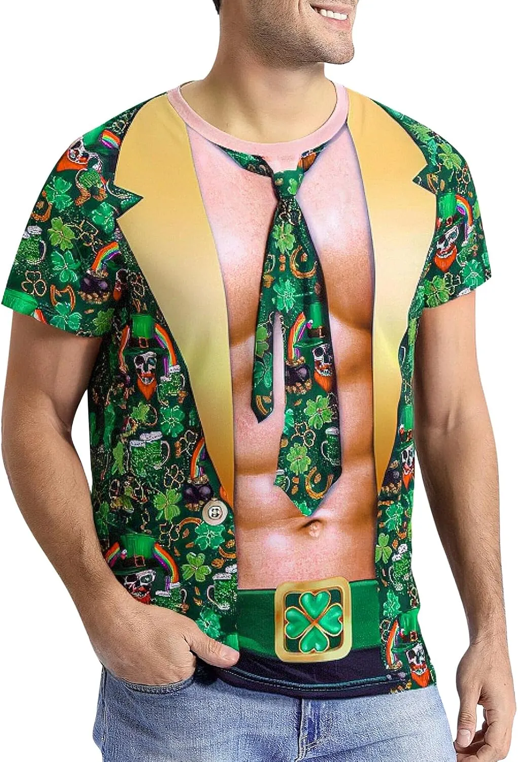 Funny World Muscle Fit T Shirts for Men 3D Novelty Fake Abs Printed T-Shirt