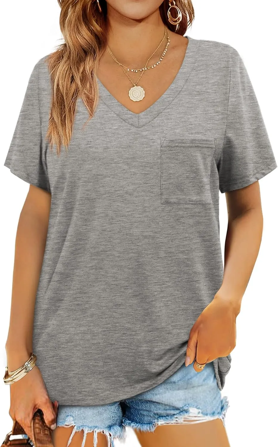 Geifa Womens T Shirts Short Sleeve V Neck Casual Summer Tops Tshirts with Pocket