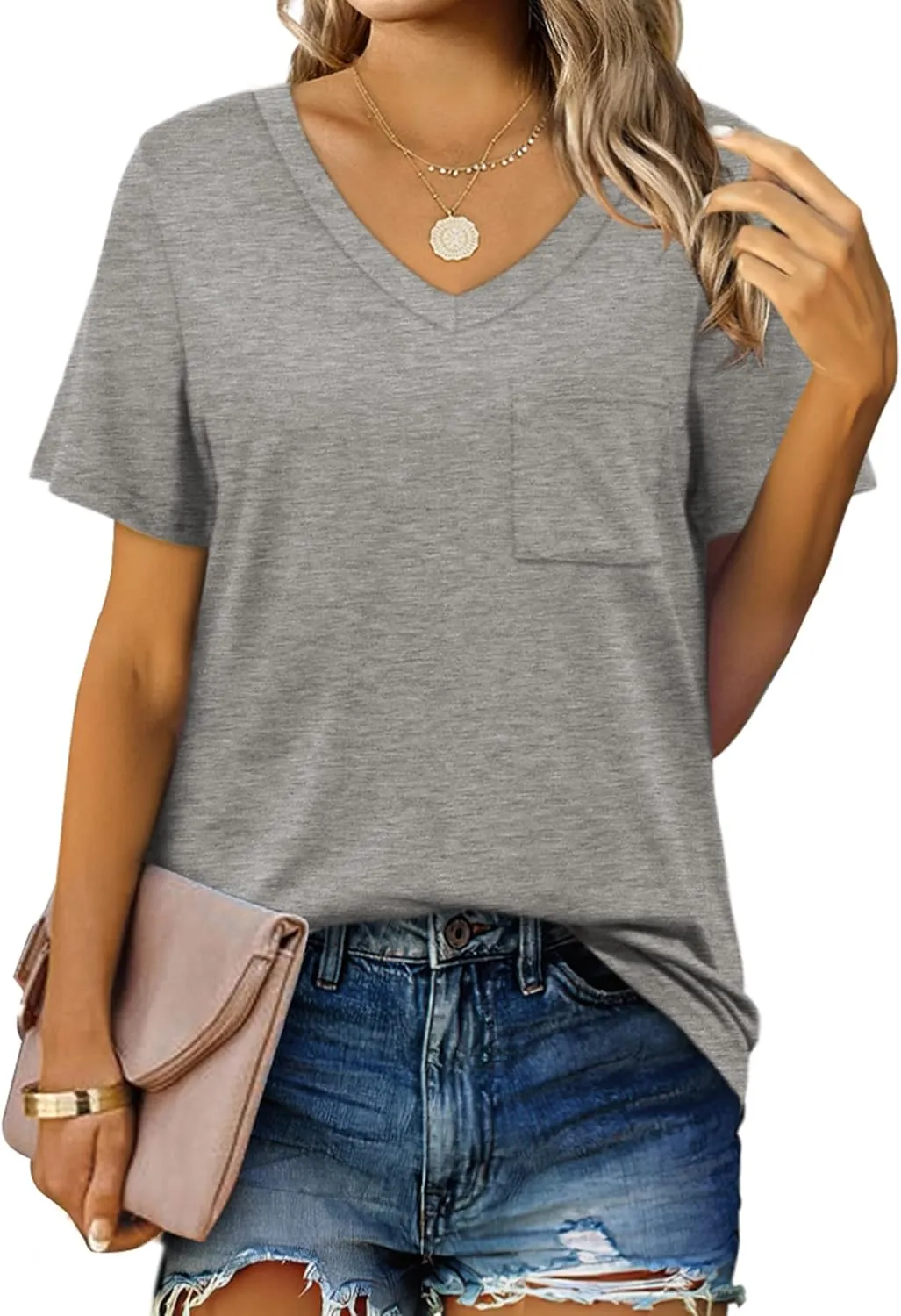 Geifa Womens T Shirts Short Sleeve V Neck Casual Summer Tops Tshirts with Pocket