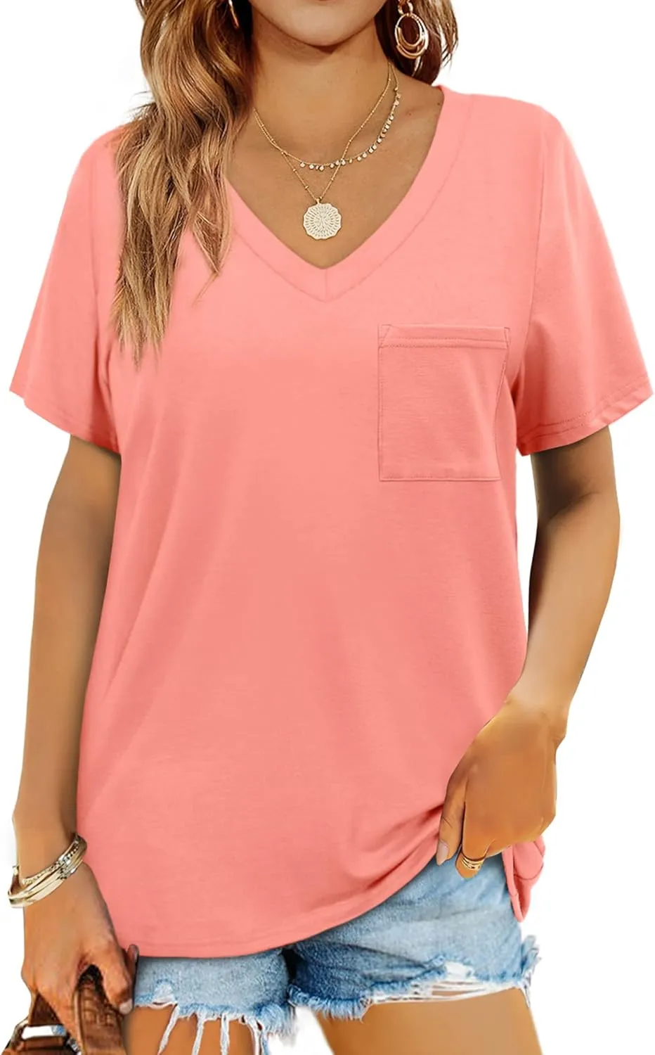 Geifa Womens T Shirts Short Sleeve V Neck Casual Summer Tops Tshirts with Pocket