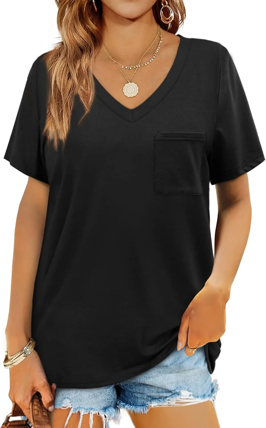 Geifa Womens T Shirts Short Sleeve V Neck Casual Summer Tops Tshirts with Pocket