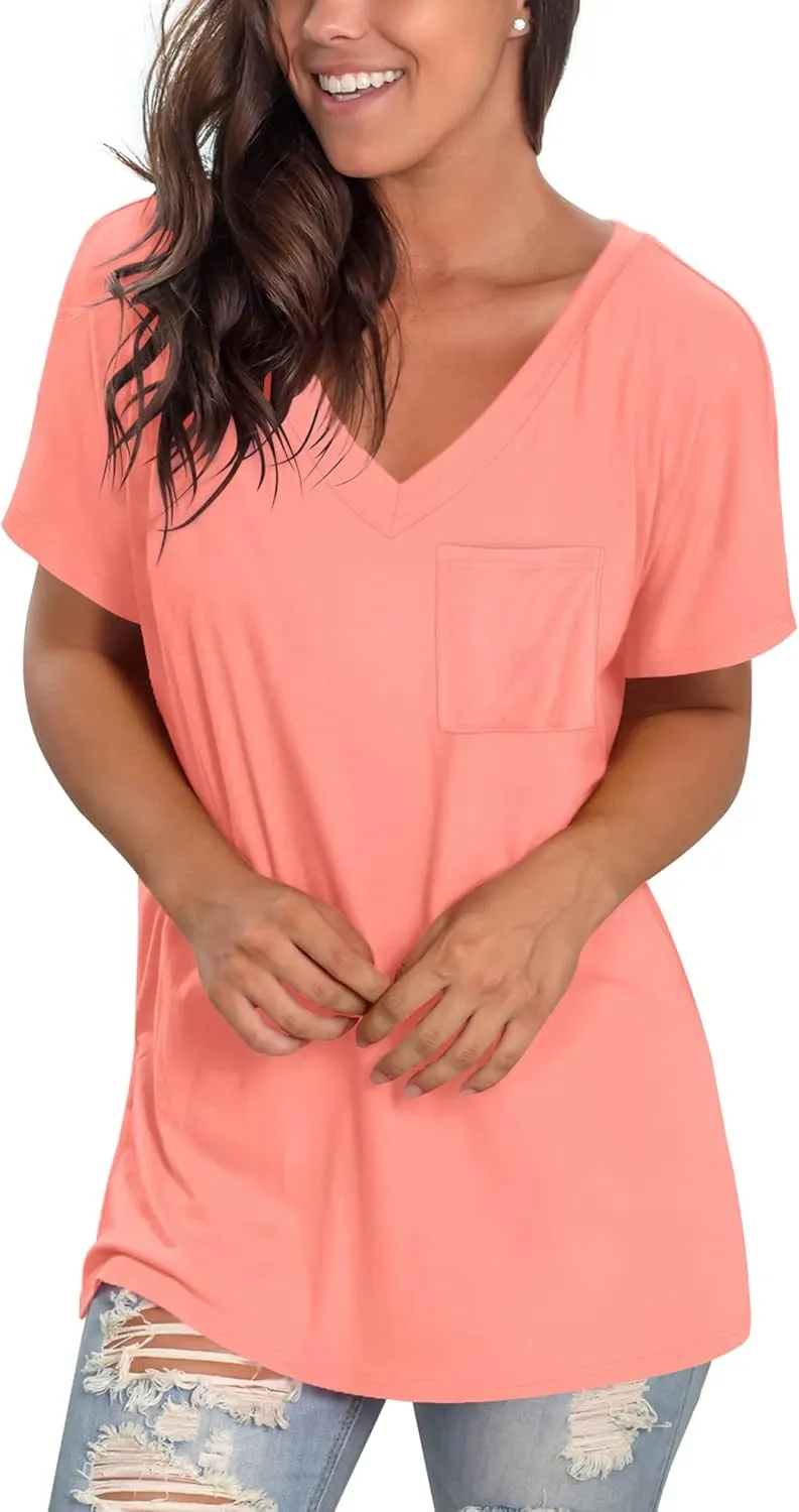Geifa Womens T Shirts Short Sleeve V Neck Casual Summer Tops Tshirts with Pocket