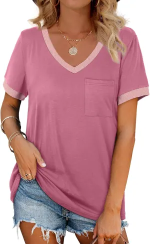 Geifa Womens T Shirts Short Sleeve V Neck Loose Casual Summer Tops with Pocket
