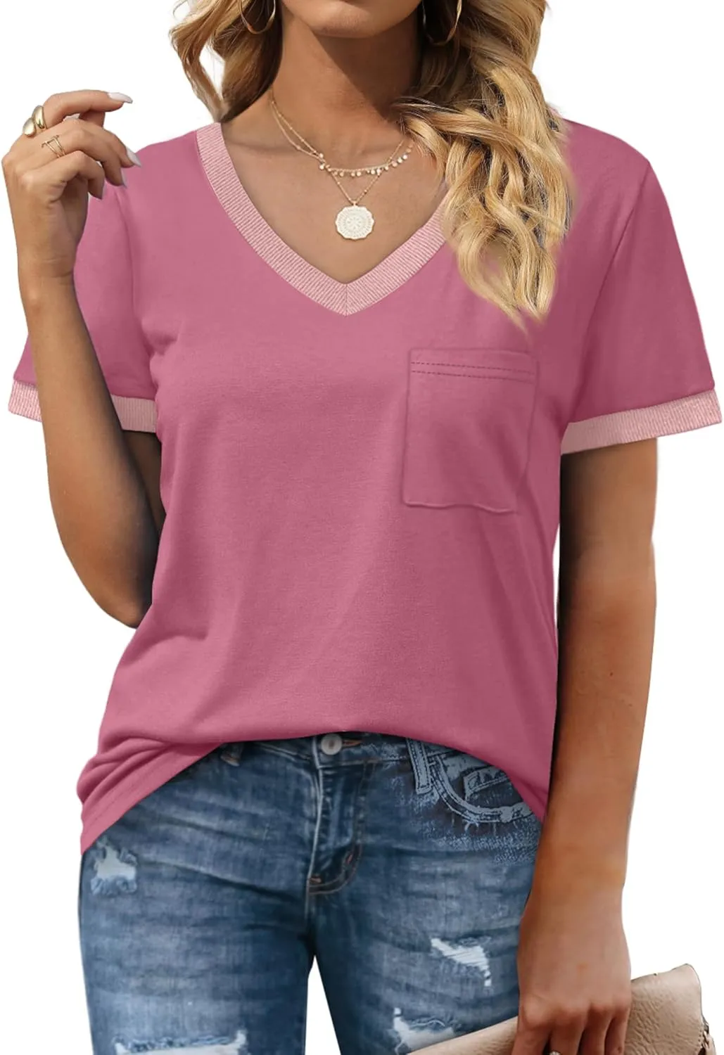 Geifa Womens T Shirts Short Sleeve V Neck Loose Casual Summer Tops with Pocket