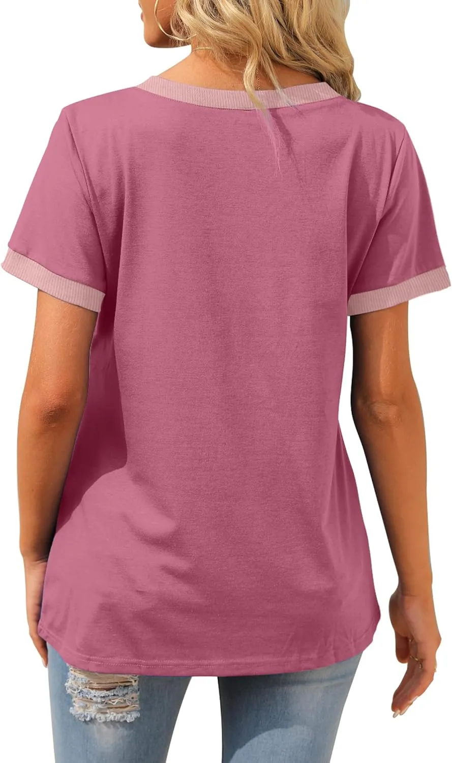 Geifa Womens T Shirts Short Sleeve V Neck Loose Casual Summer Tops with Pocket