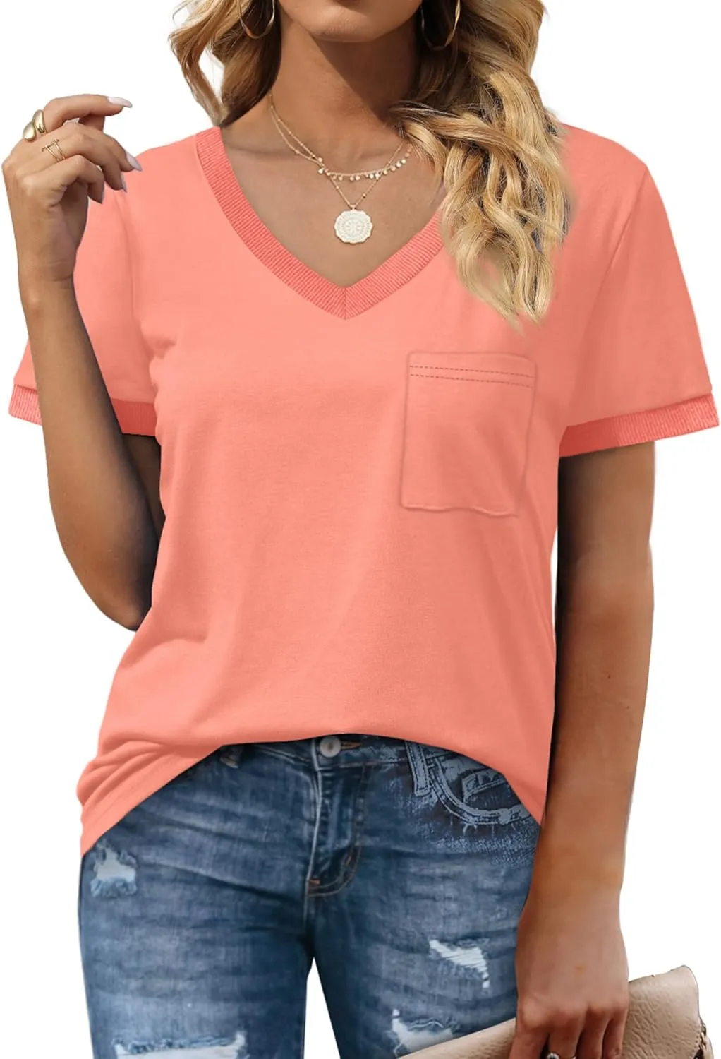 Geifa Womens T Shirts Short Sleeve V Neck Loose Casual Summer Tops with Pocket