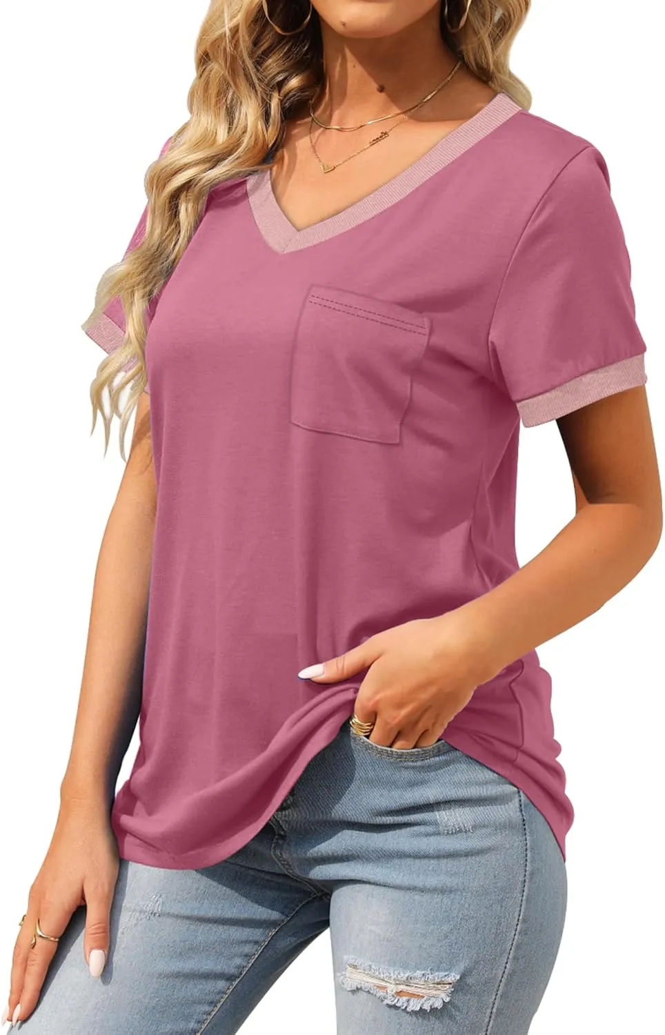 Geifa Womens T Shirts Short Sleeve V Neck Loose Casual Summer Tops with Pocket