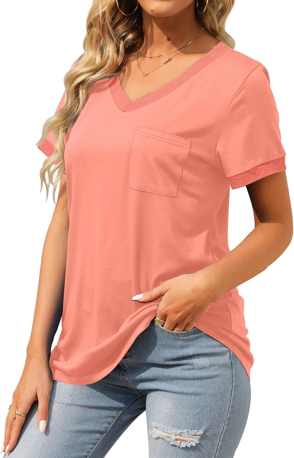 Geifa Womens T Shirts Short Sleeve V Neck Loose Casual Summer Tops with Pocket