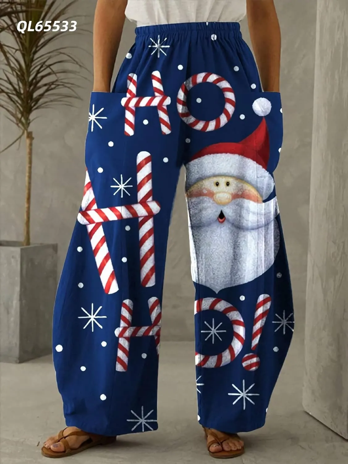 Geleglaer Women's Merry Christmas High Elastic Waist Pants Snowman Graphic Printed Wide Leg Pants Long Trousers with Pockets