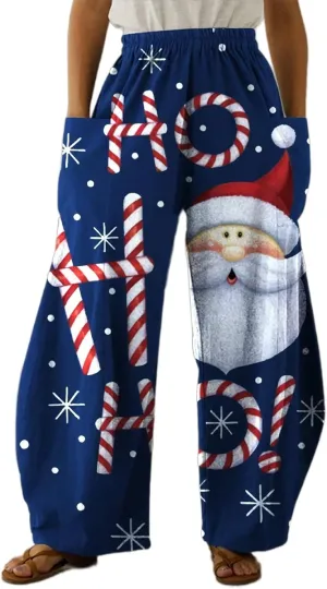 Geleglaer Women's Merry Christmas High Elastic Waist Pants Snowman Graphic Printed Wide Leg Pants Long Trousers with Pockets