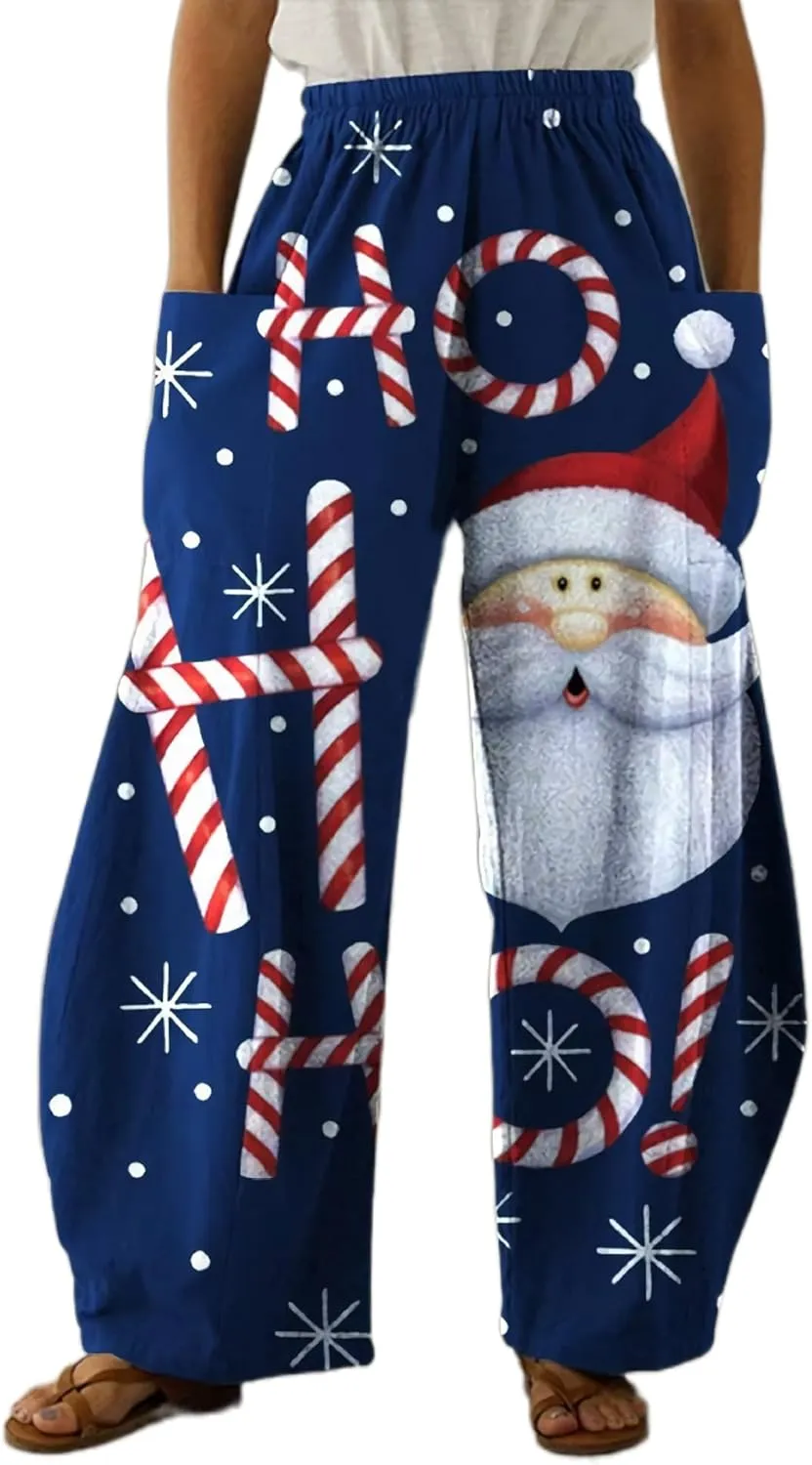 Geleglaer Women's Merry Christmas High Elastic Waist Pants Snowman Graphic Printed Wide Leg Pants Long Trousers with Pockets