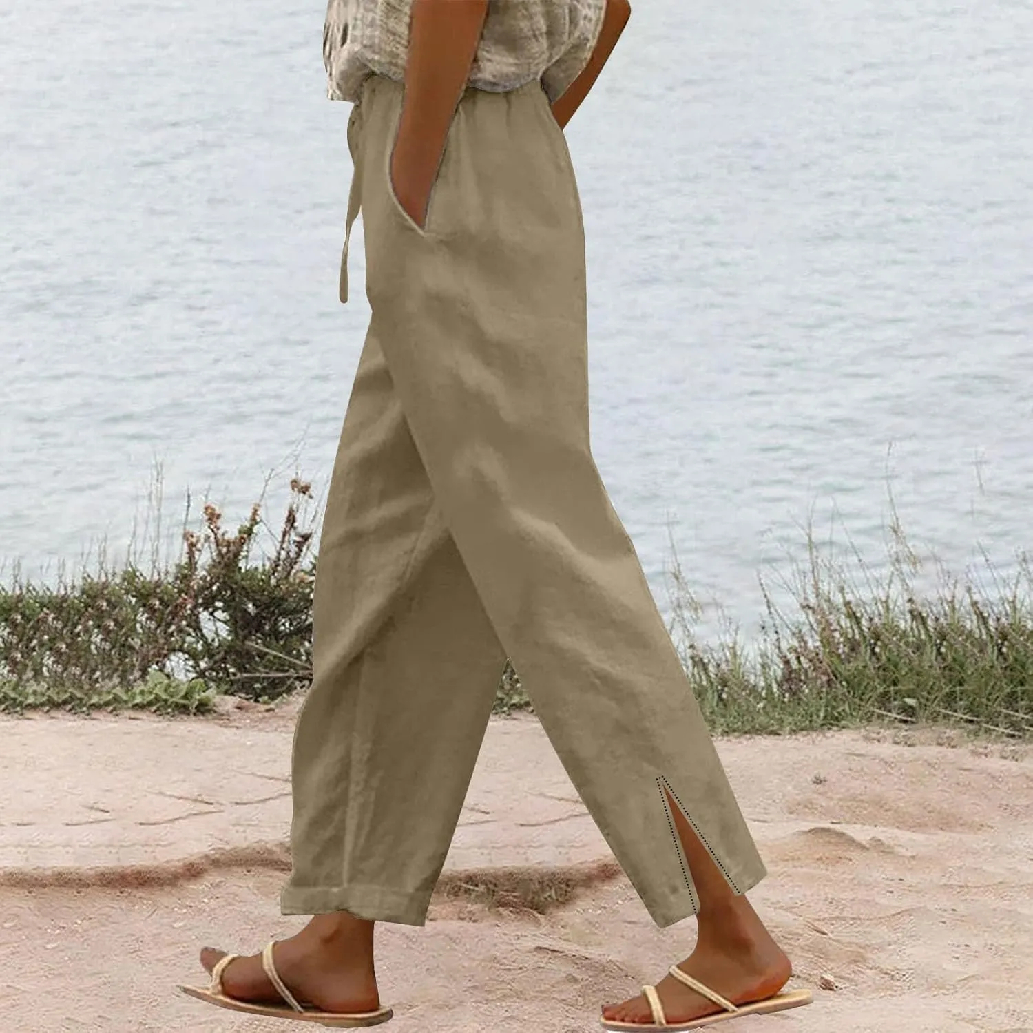 GIERIDUC Women Linen Pants Drawstring High Waist Wide Leg Casual Pants Lightweight Lounge Beach Summer Pants with Pockets