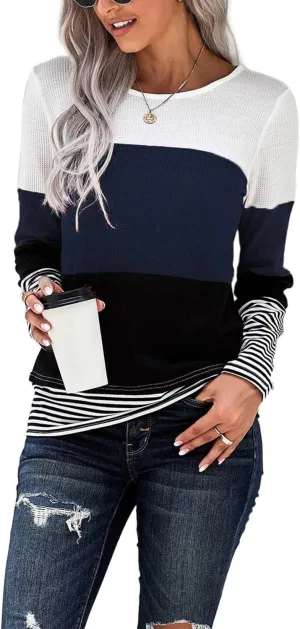 GOLDPKF Women's Long Sleeve T Shirts Color Block Crewneck Casual Tunic Tops Tee Shirtuses