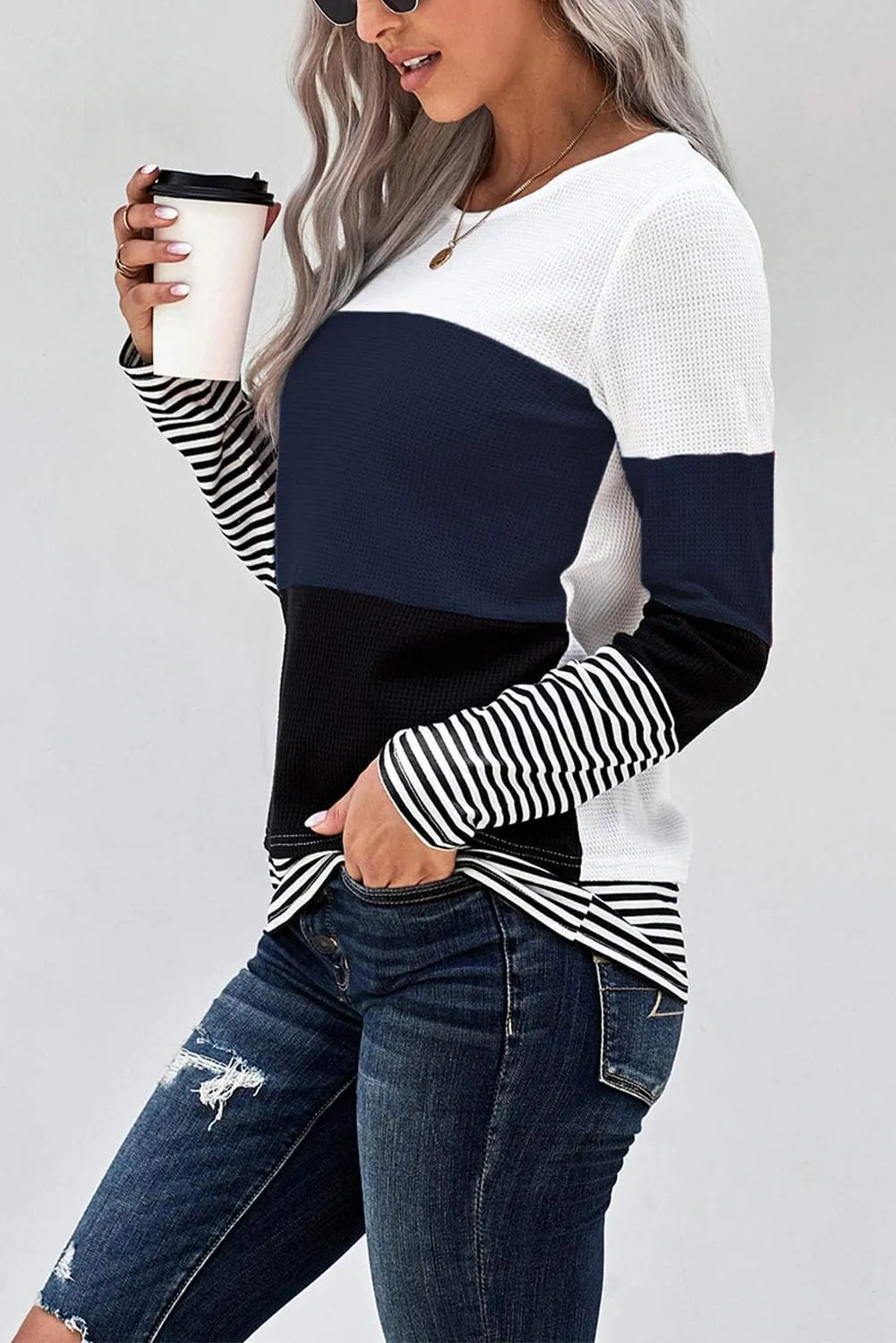 GOLDPKF Women's Long Sleeve T Shirts Color Block Crewneck Casual Tunic Tops Tee Shirtuses