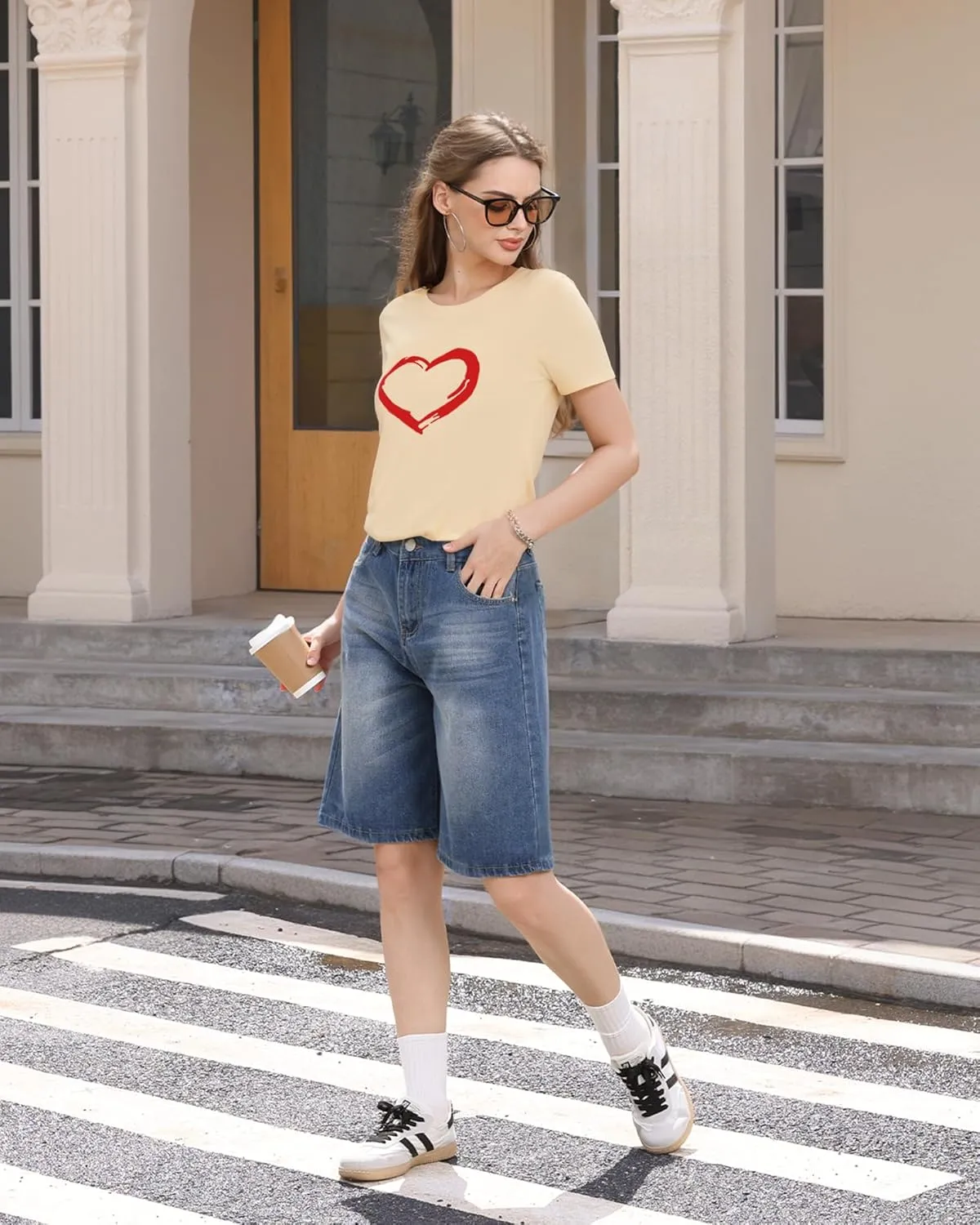 HERLOLLYCHIPS Women Cute Heart Graphic Crewneck Short Sleeve Regular Fit Casual Tee T-Shirts Tshirt Tops
