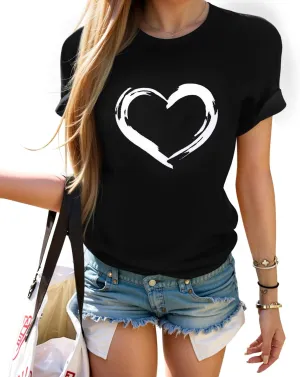 HERLOLLYCHIPS Women Cute Heart Graphic Crewneck Short Sleeve Regular Fit Casual Tee T-Shirts Tshirt Tops