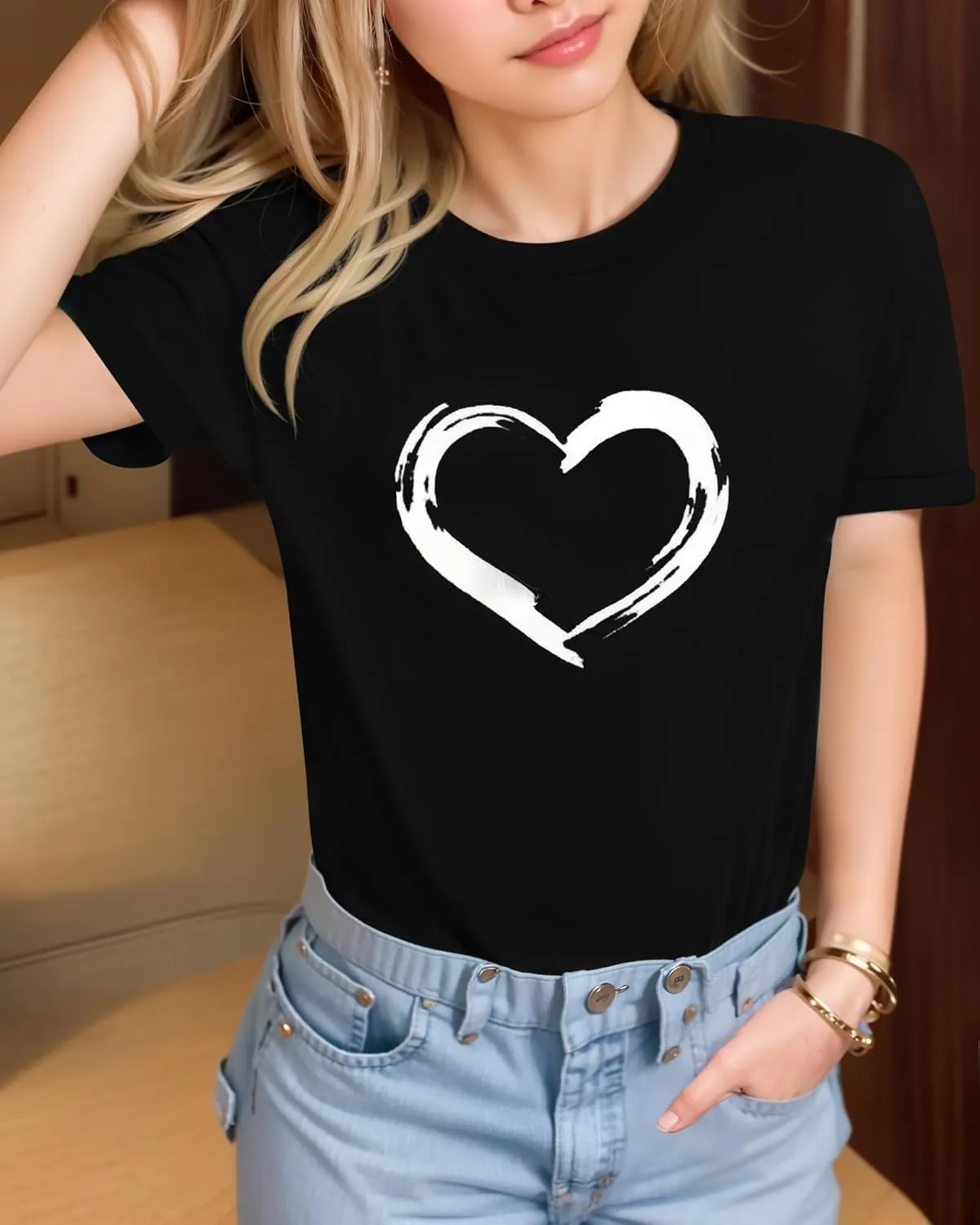 HERLOLLYCHIPS Women Cute Heart Graphic Crewneck Short Sleeve Regular Fit Casual Tee T-Shirts Tshirt Tops