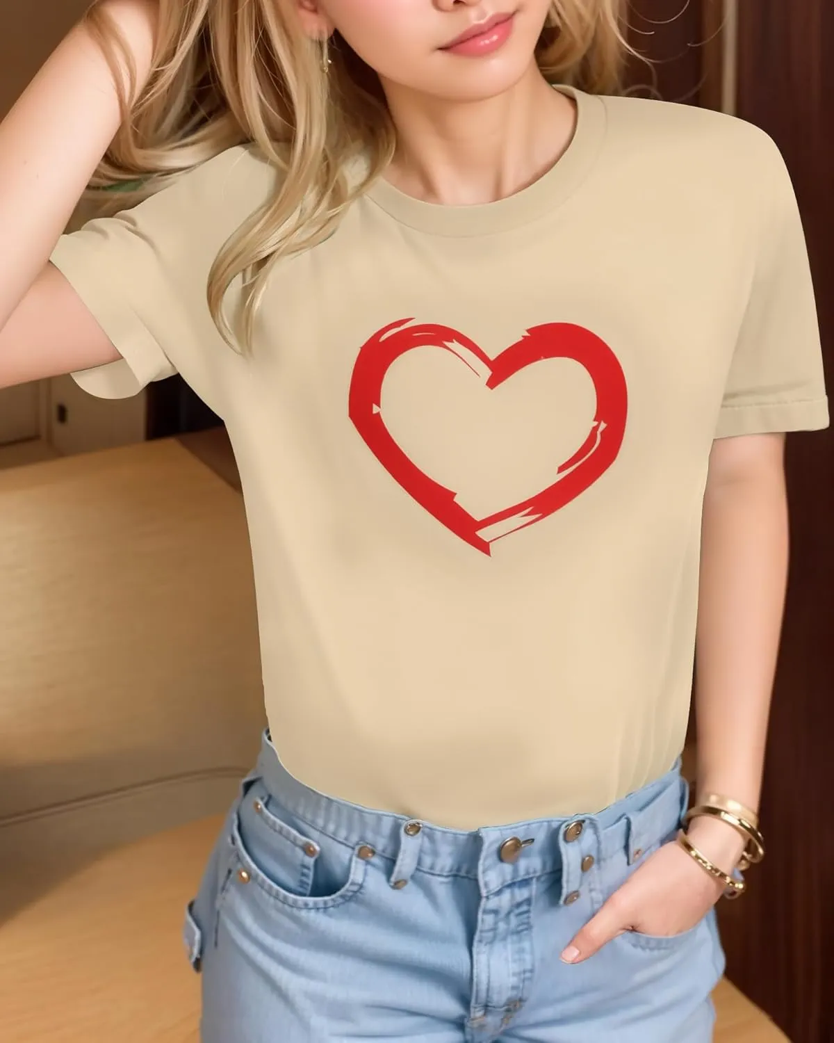 HERLOLLYCHIPS Women Cute Heart Graphic Crewneck Short Sleeve Regular Fit Casual Tee T-Shirts Tshirt Tops