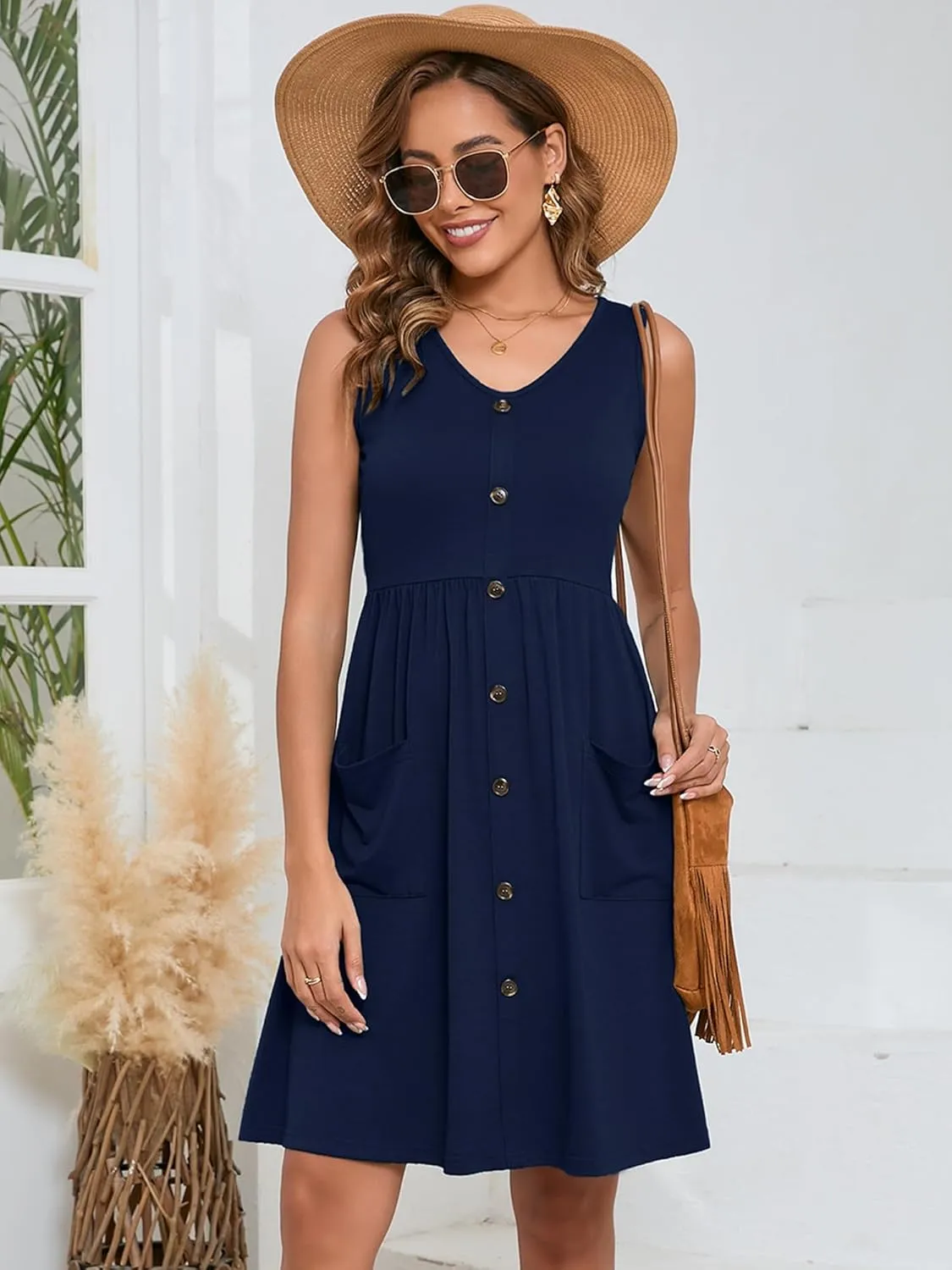 Heymoments Women's Summer Dresses Sleeveless Casual Fashion Loose Swing Button Down Midi Dress with Pockets