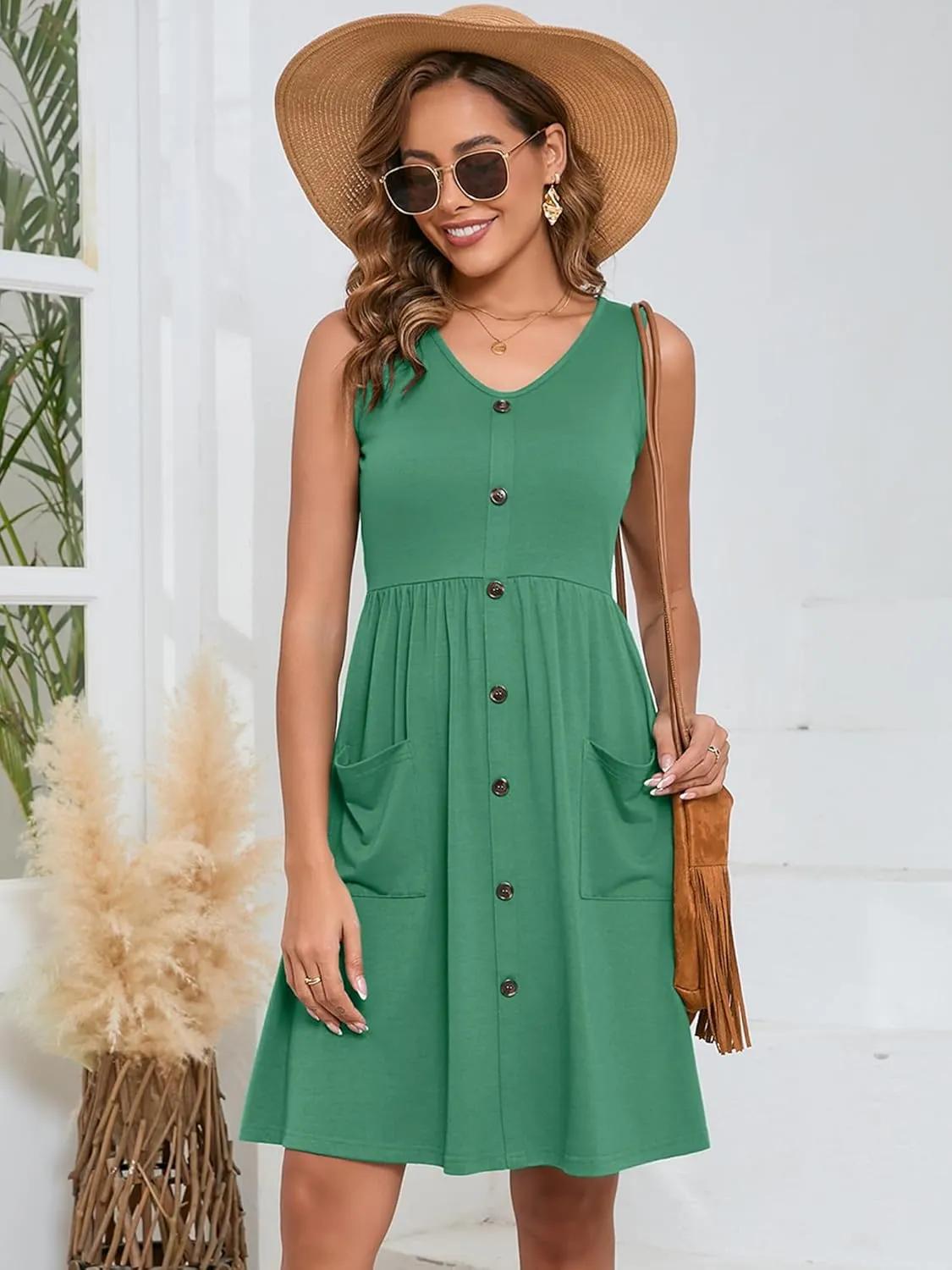 Heymoments Women's Summer Dresses Sleeveless Casual Fashion Loose Swing Button Down Midi Dress with Pockets