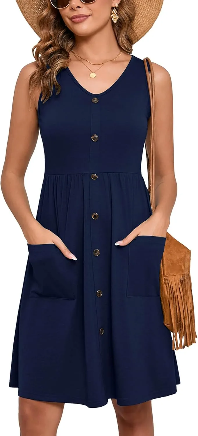 Heymoments Women's Summer Dresses Sleeveless Casual Fashion Loose Swing Button Down Midi Dress with Pockets