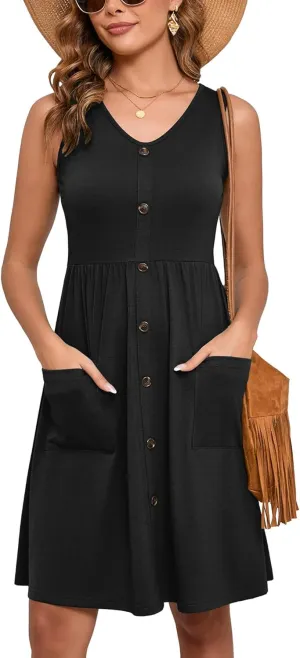 Heymoments Women's Summer Dresses Sleeveless Casual Fashion Loose Swing Button Down Midi Dress with Pockets