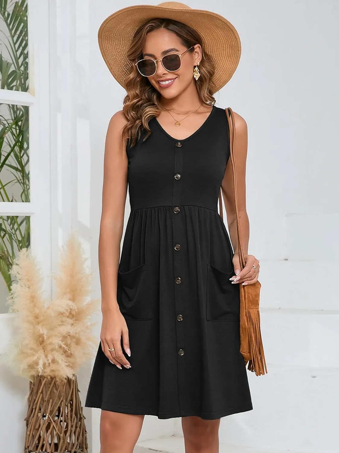 Heymoments Women's Summer Dresses Sleeveless Casual Fashion Loose Swing Button Down Midi Dress with Pockets