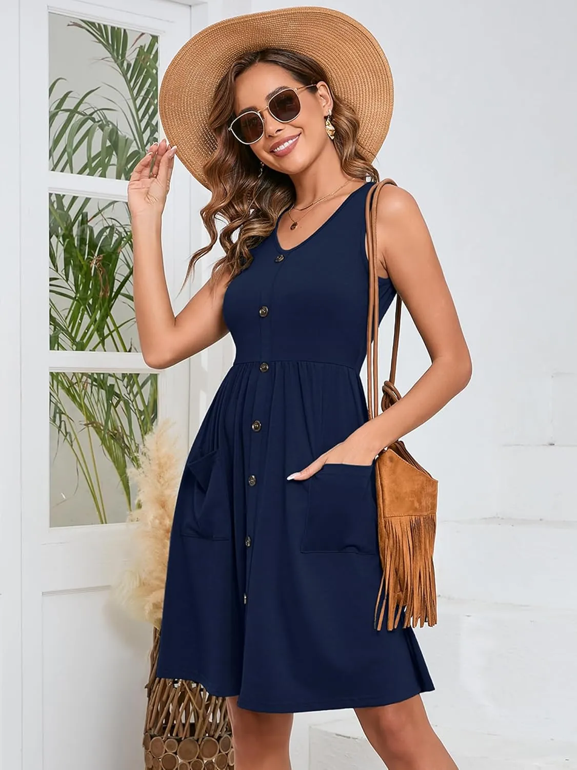 Heymoments Women's Summer Dresses Sleeveless Casual Fashion Loose Swing Button Down Midi Dress with Pockets