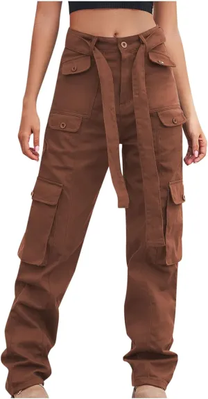 High Waist Cargo Jeans Pants Women Baggy Jogger Straight Leg Parachute Pants Hiking Tactical Military Long Trousers