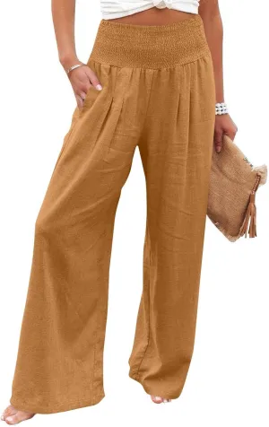 High Waisted Linen Pants Women Wide Leg Palazzo Pants Summer Smocked Casual Pant Work to Lounge Trousers with Pockets