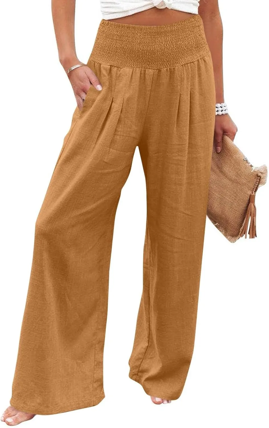 High Waisted Linen Pants Women Wide Leg Palazzo Pants Summer Smocked Casual Pant Work to Lounge Trousers with Pockets
