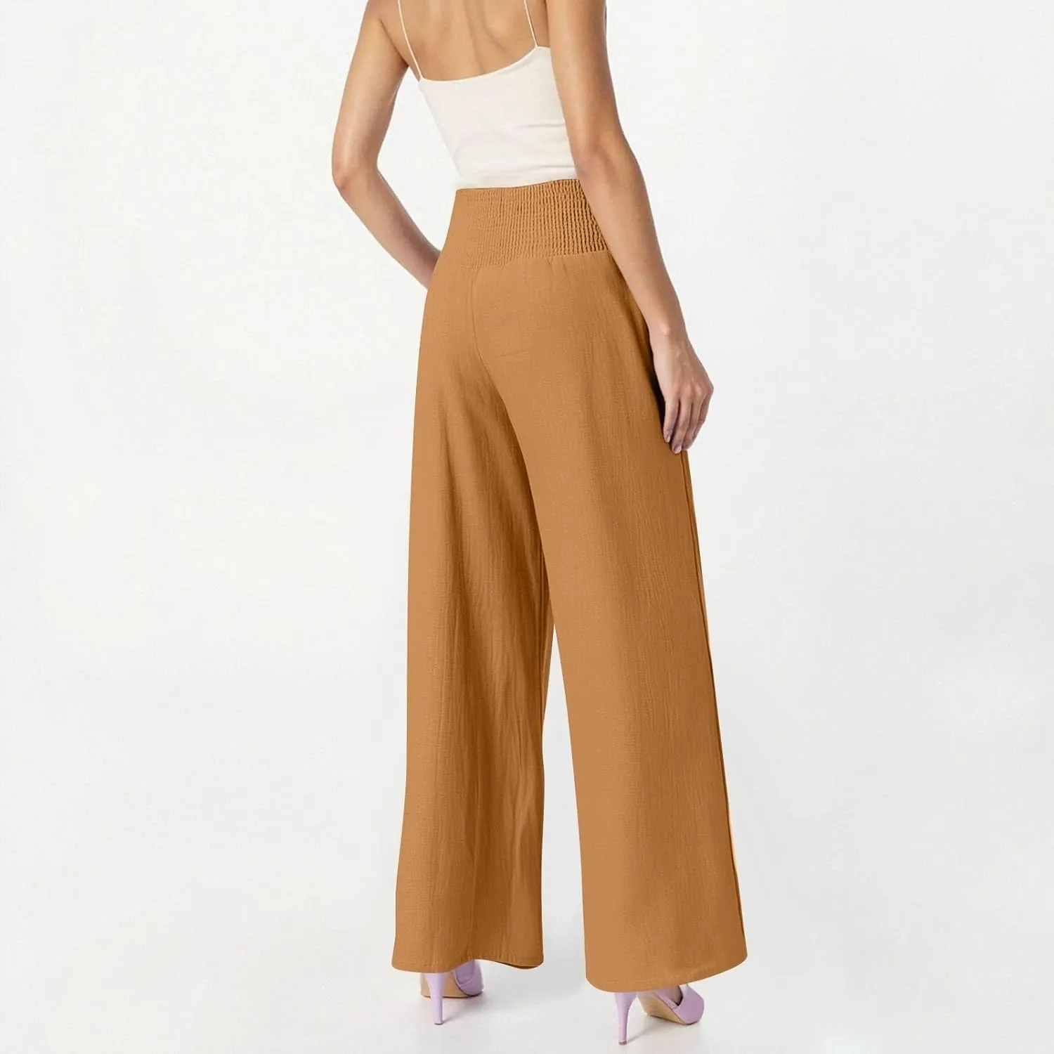 High Waisted Linen Pants Women Wide Leg Palazzo Pants Summer Smocked Casual Pant Work to Lounge Trousers with Pockets
